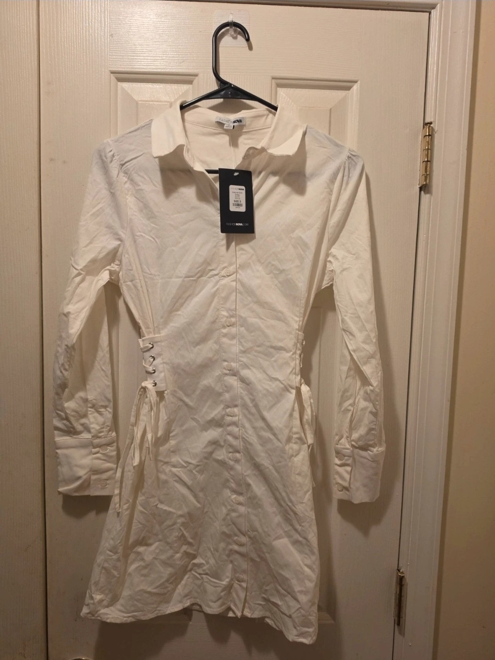 Fashion Nova Cream Lace-Up Button Shirt Dress